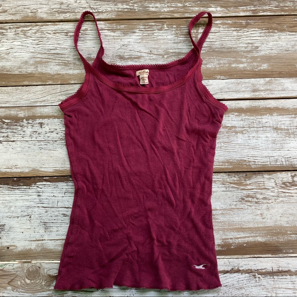Hollister burgundy cotton tank top with lace straps, size medium